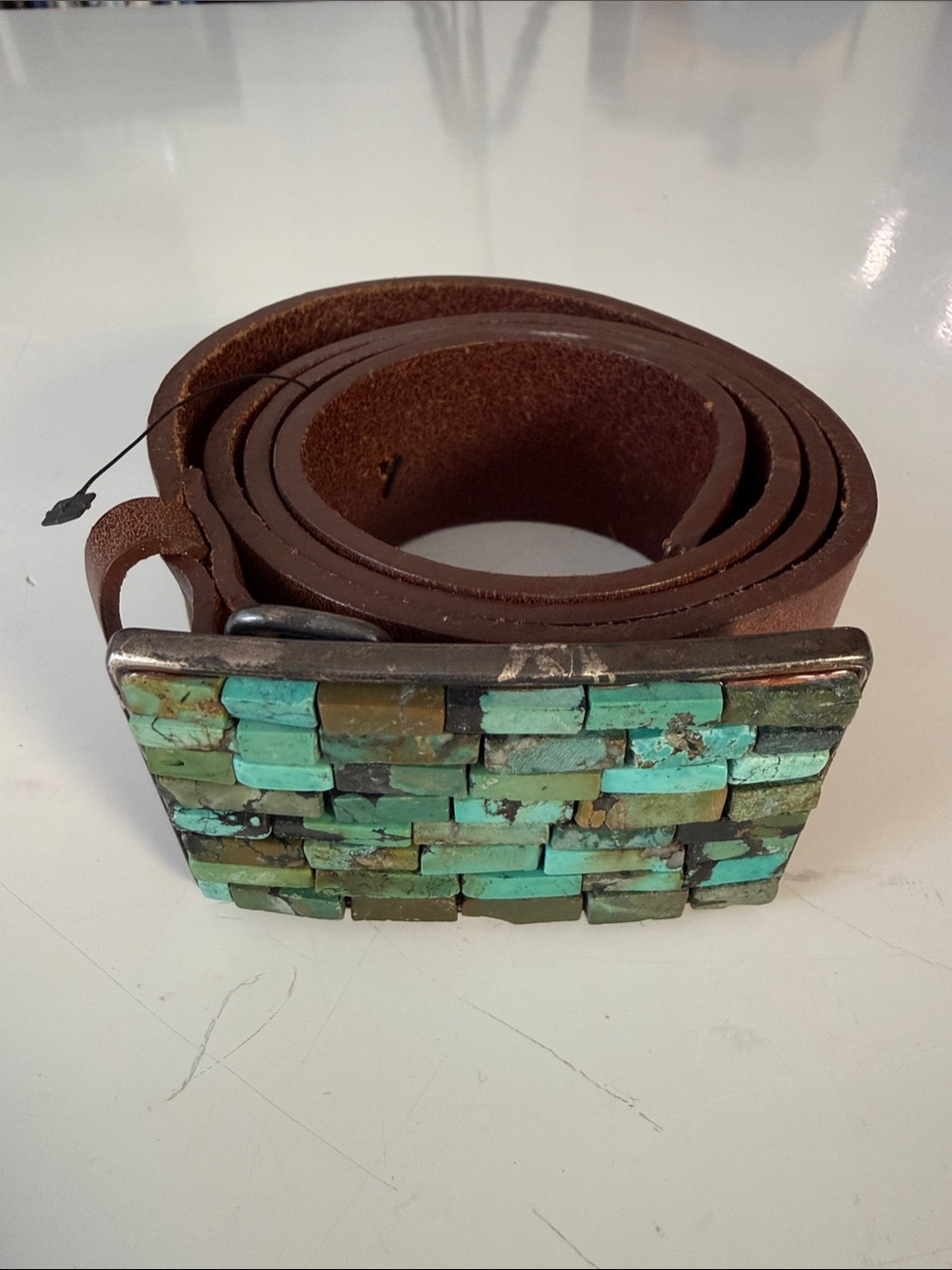 Brown Leather Belt with Turquoise Stone Inlay Buckle